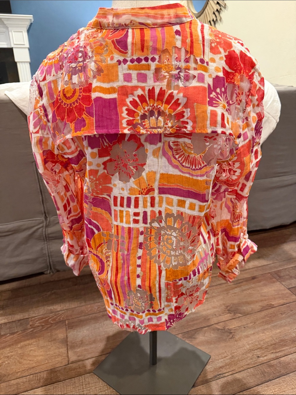 Ruby Rd. Vibrant Orange & Pink Patterned Button-Up Blouse - Picture 6 of 9